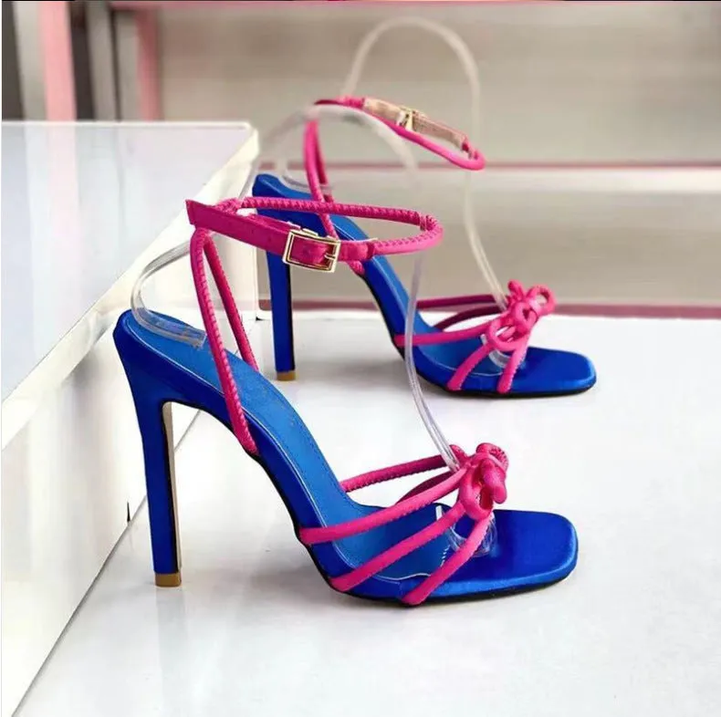 2023 Square-Toe Color Block Bow Tie Detail High Heel Sandals