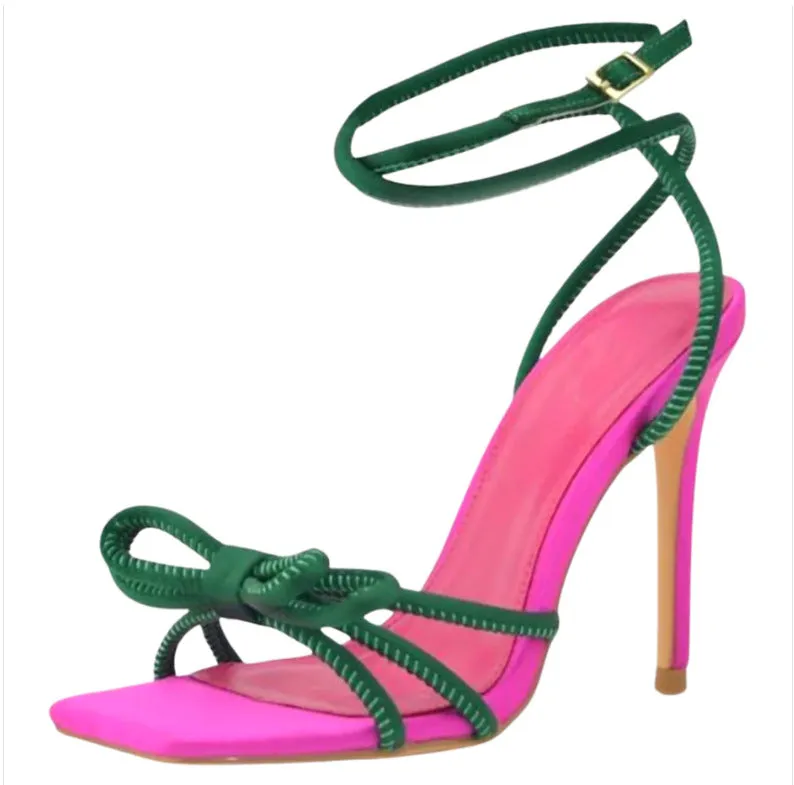 2023 Square-Toe Color Block Bow Tie Detail High Heel Sandals
