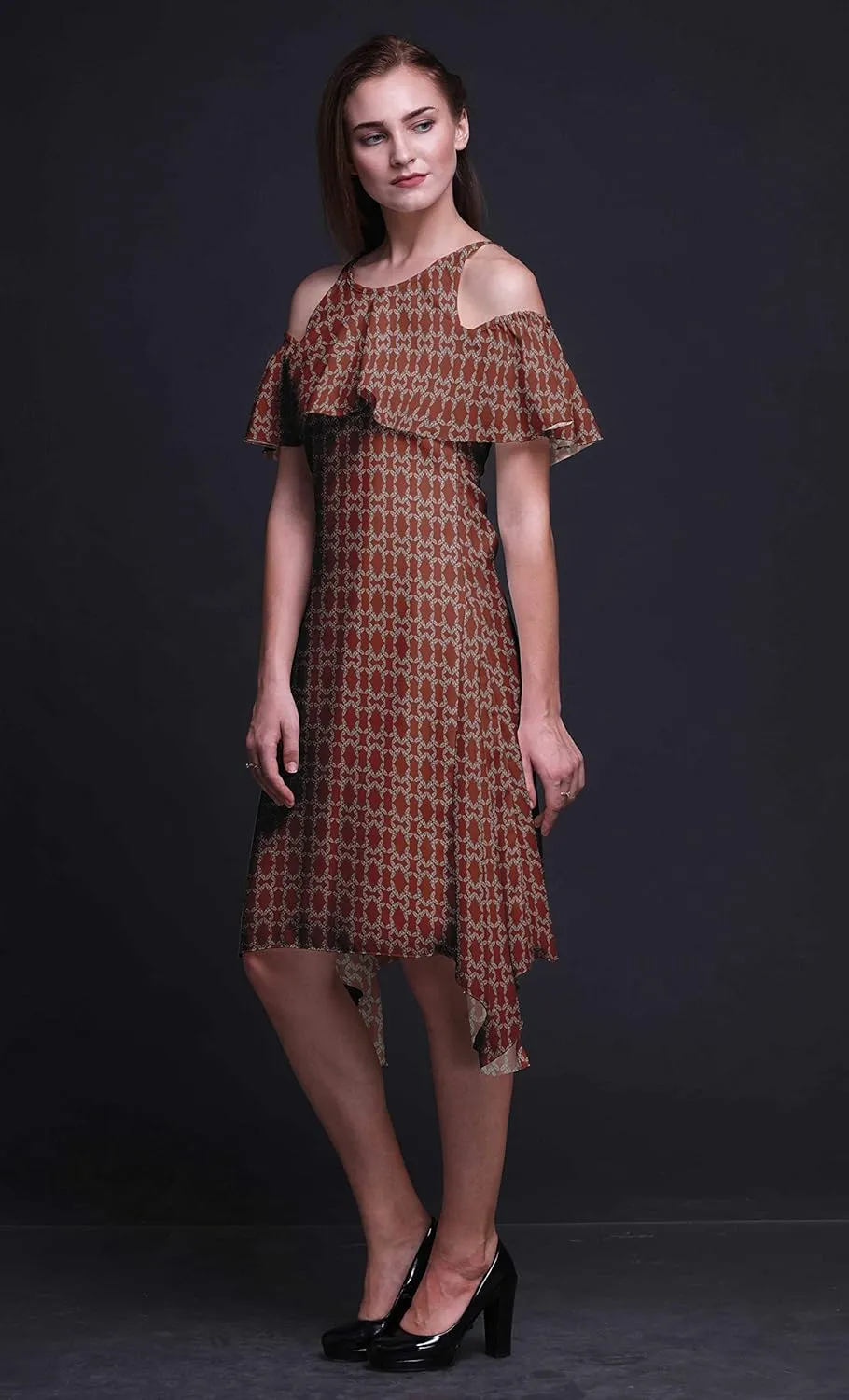 Bimba Moss Georgette Printed Womens Chic Style Cold Shoulder Tunic Party Round Neck Shift Dress