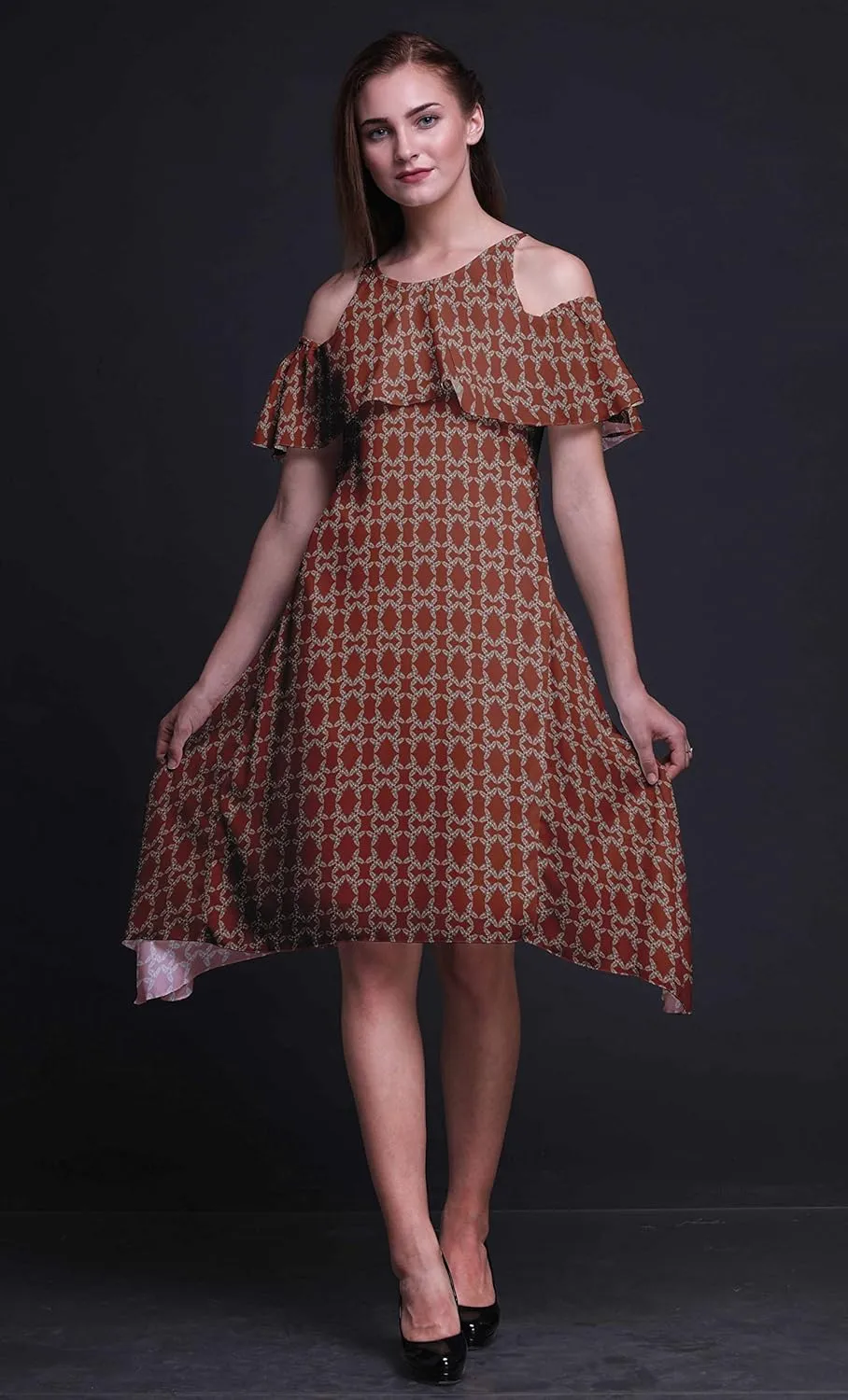Bimba Moss Georgette Printed Womens Chic Style Cold Shoulder Tunic Party Round Neck Shift Dress