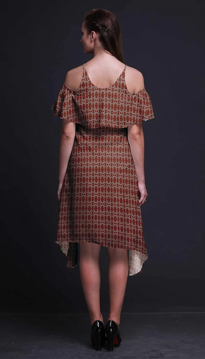 Bimba Moss Georgette Printed Womens Chic Style Cold Shoulder Tunic Party Round Neck Shift Dress