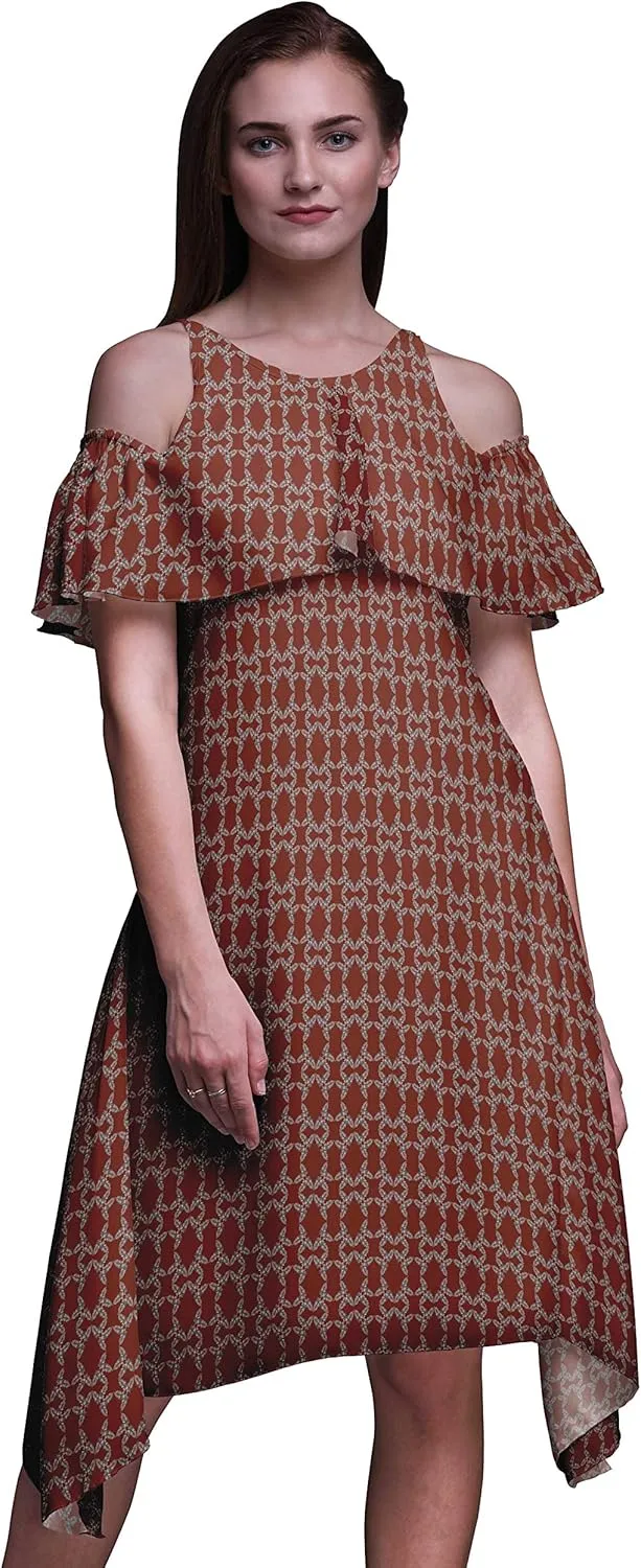 Bimba Moss Georgette Printed Womens Chic Style Cold Shoulder Tunic Party Round Neck Shift Dress