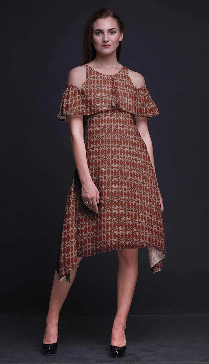 Bimba Moss Georgette Printed Womens Chic Style Cold Shoulder Tunic Party Round Neck Shift Dress