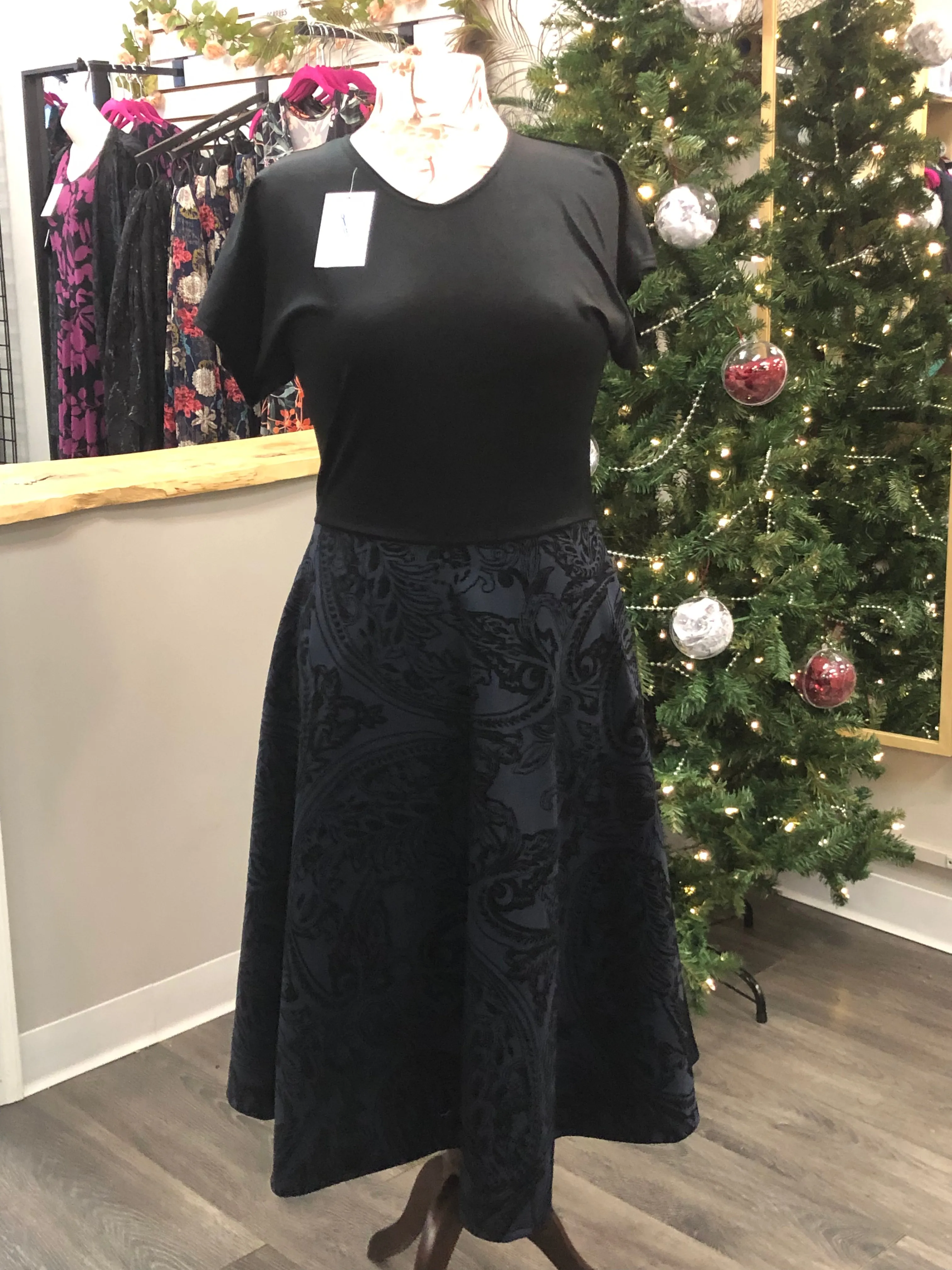 Black Velvet Top Floral Navy Skirt Dress