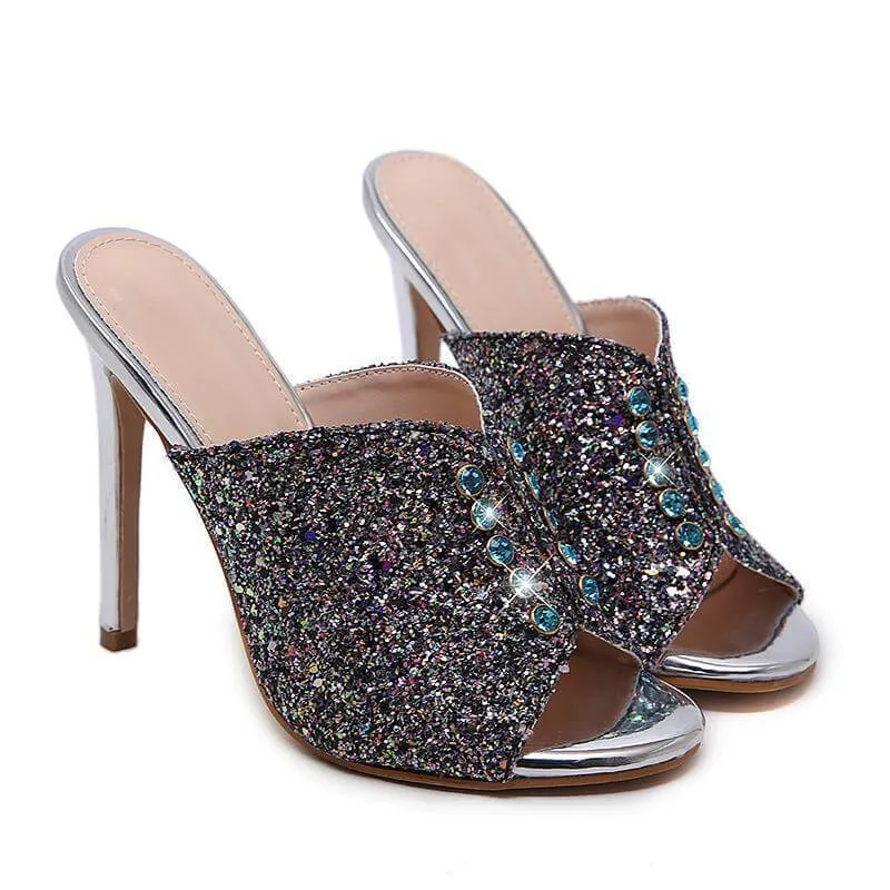 Blue High Heel Peep Toe Sequin Sandals