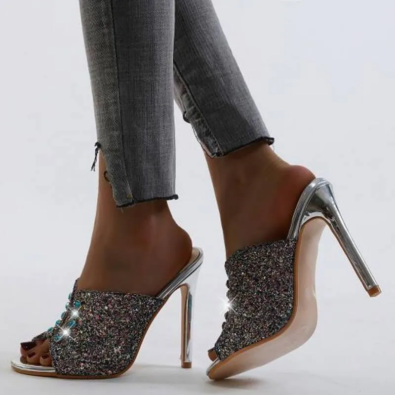 Blue High Heel Peep Toe Sequin Sandals