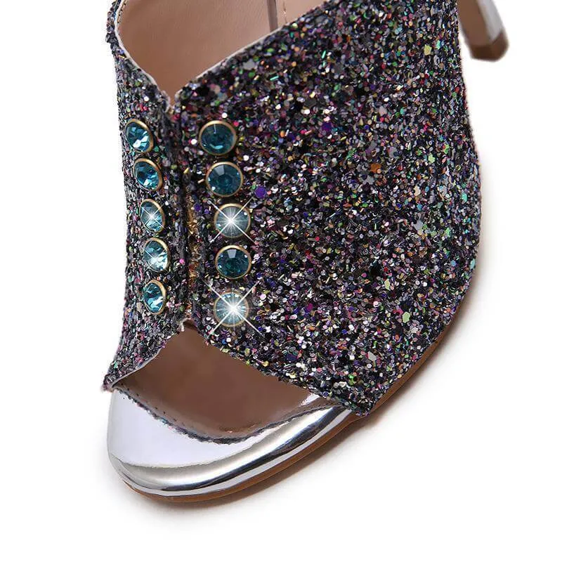 Blue High Heel Peep Toe Sequin Sandals