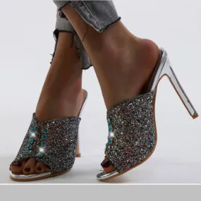 Blue High Heel Peep Toe Sequin Sandals
