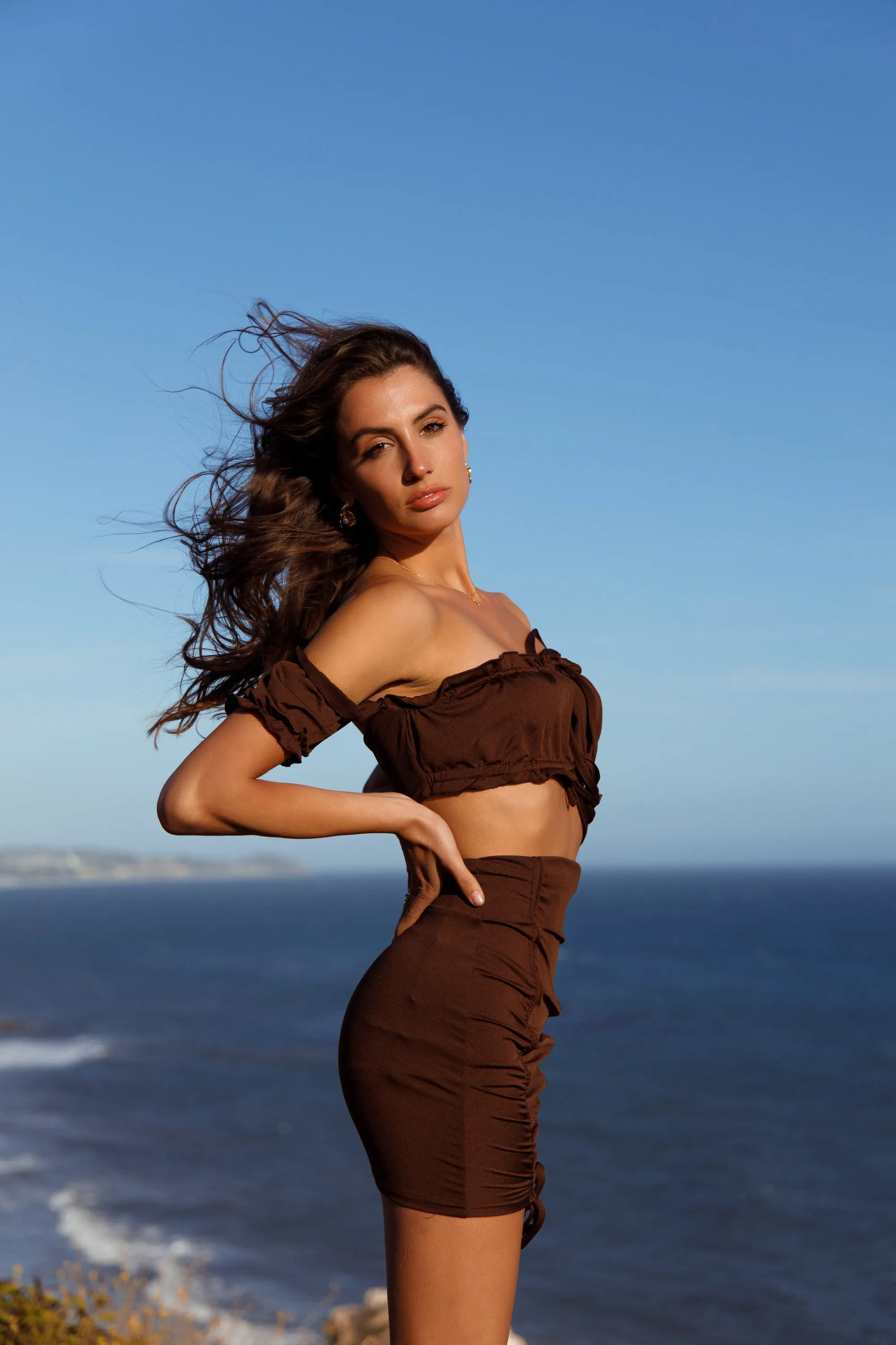 Brown Chic Draped Adjustable Straps Skirt Two-piece Dress