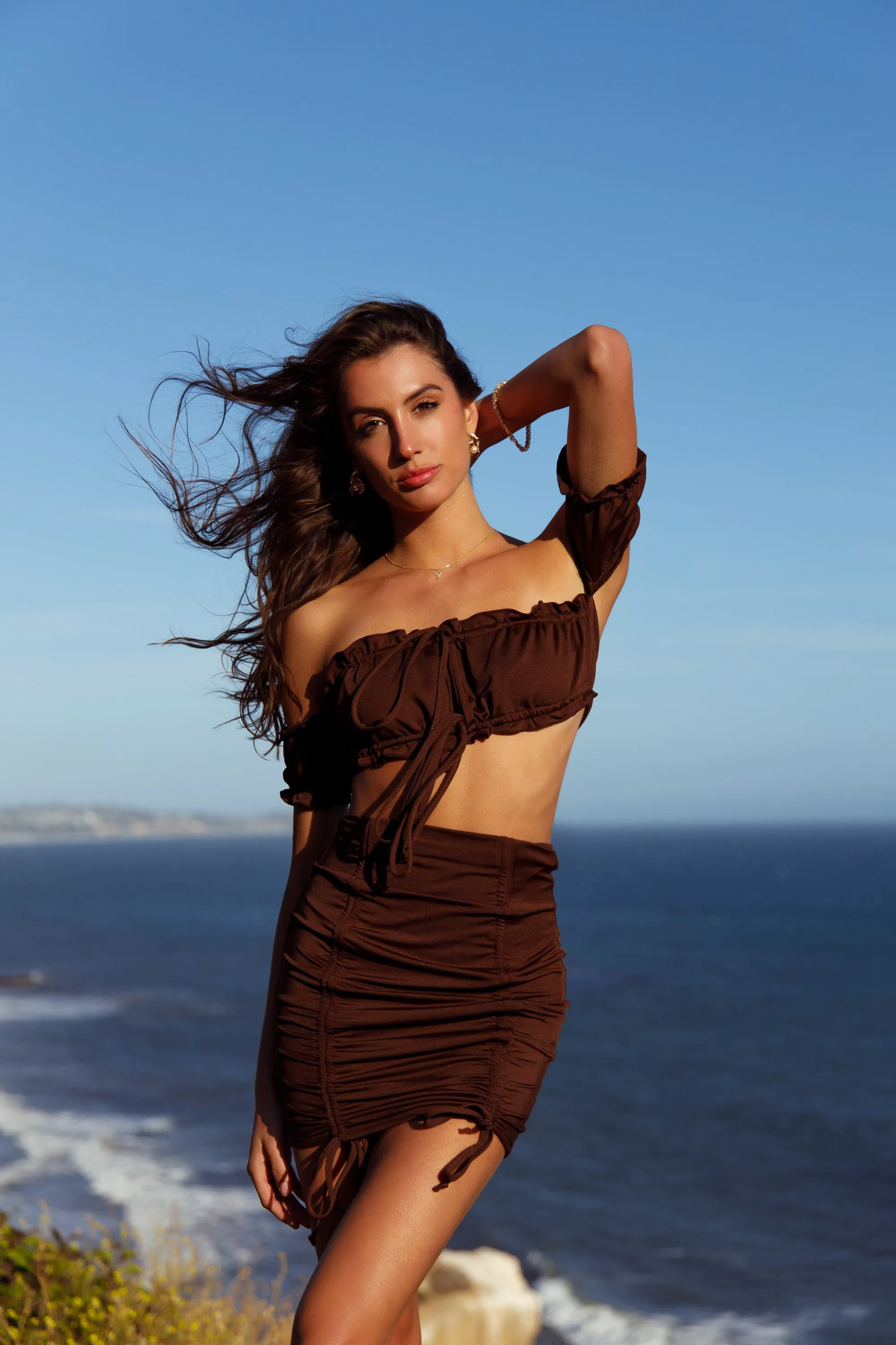 Brown Chic Draped Adjustable Straps Skirt Two-piece Dress