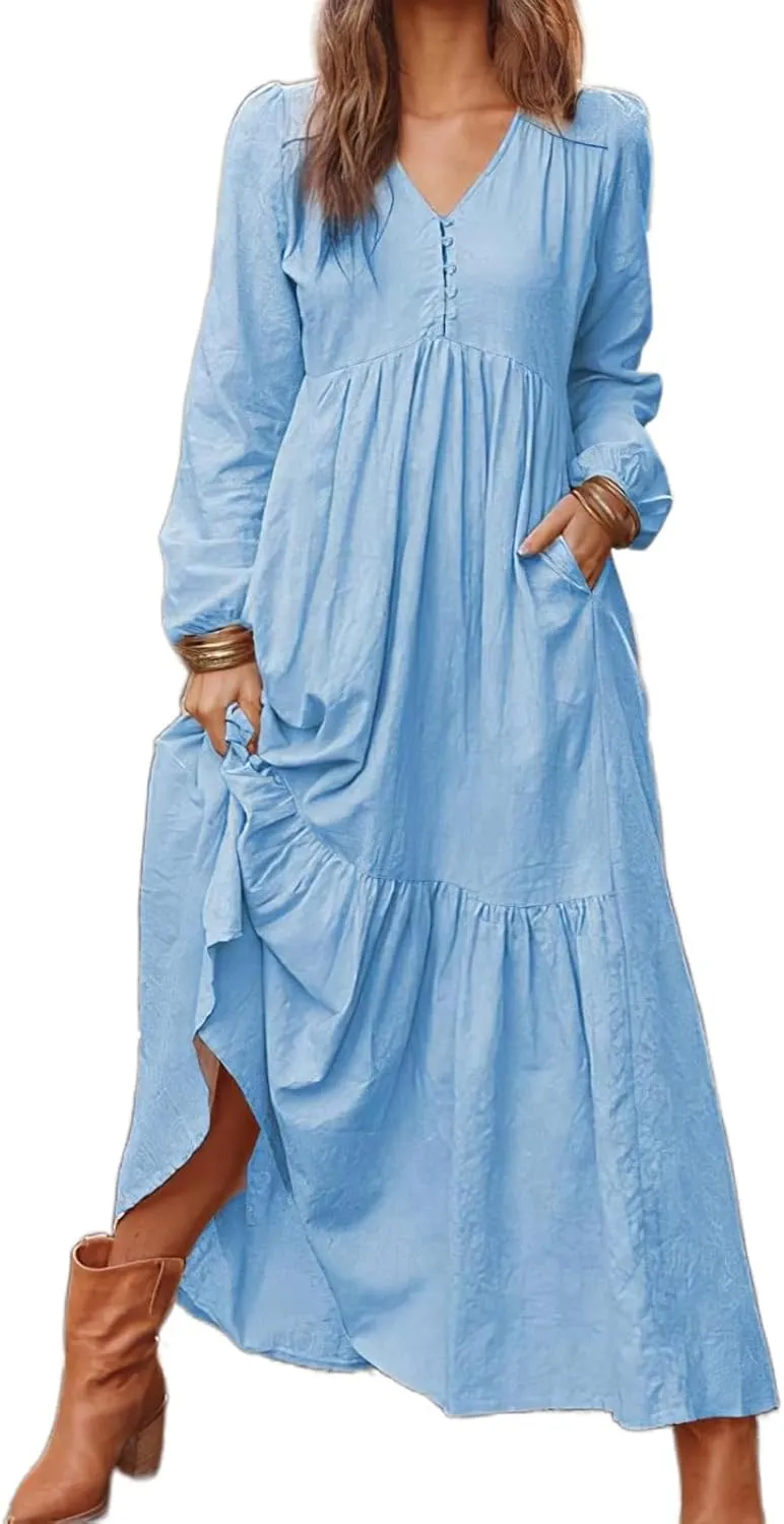 Casual Cotton Linen Dresses Long Sleeve Maxi for Women Button Front V Neck Pleated Dress Swing Flowy Elegant Dresses