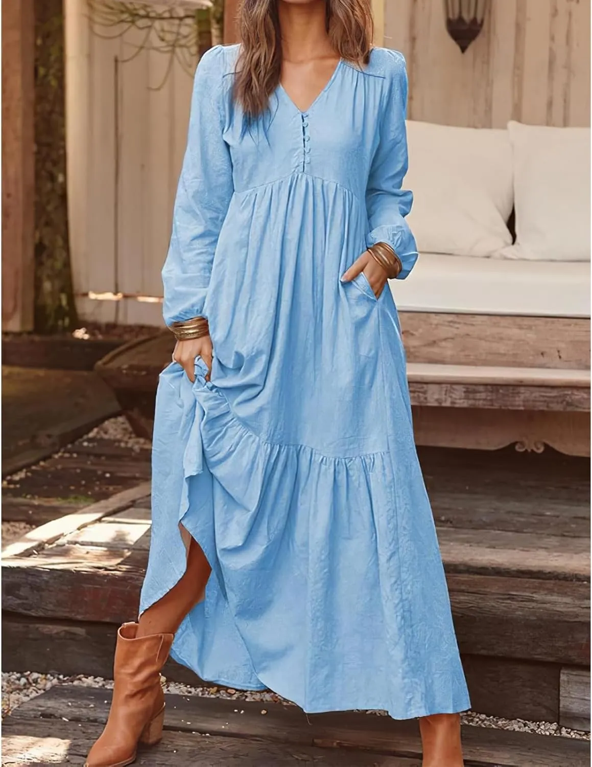 Casual Cotton Linen Dresses Long Sleeve Maxi for Women Button Front V Neck Pleated Dress Swing Flowy Elegant Dresses