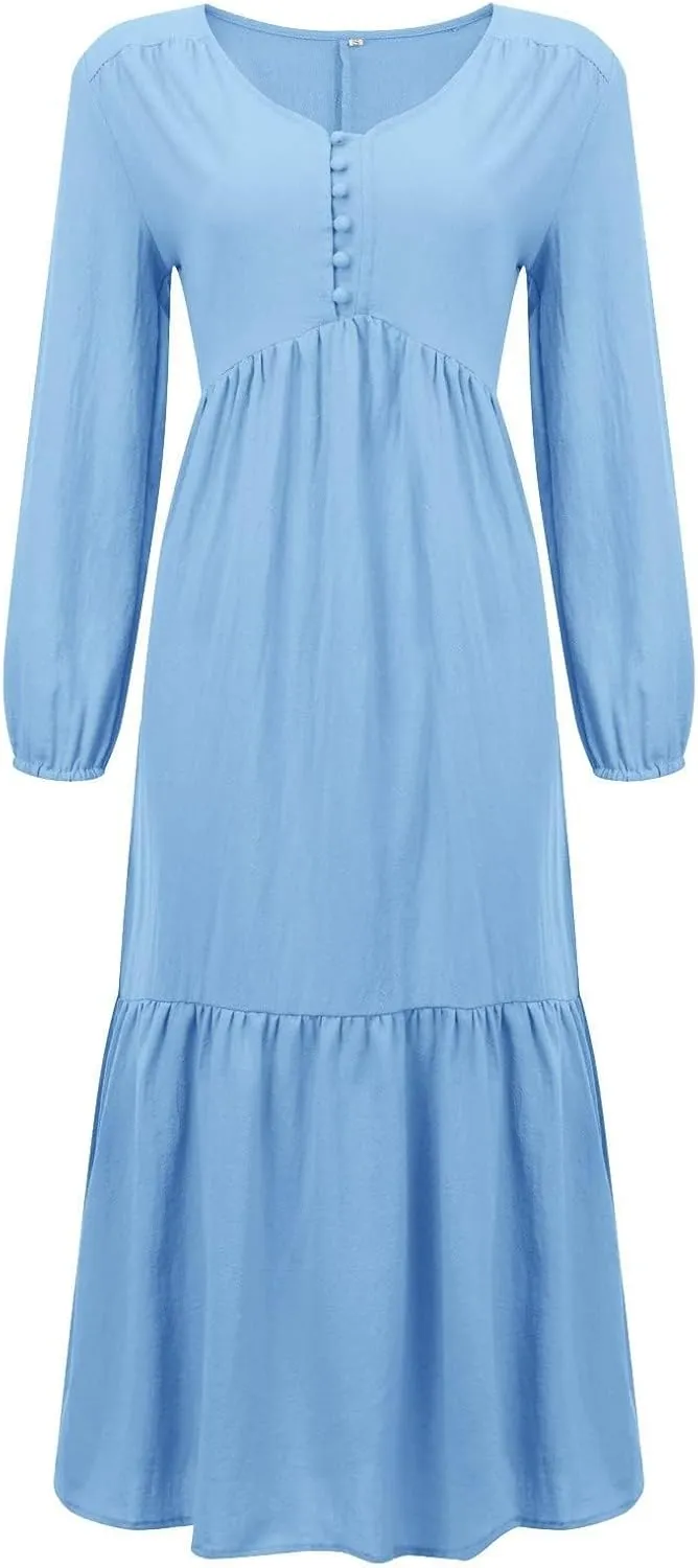 Casual Cotton Linen Dresses Long Sleeve Maxi for Women Button Front V Neck Pleated Dress Swing Flowy Elegant Dresses