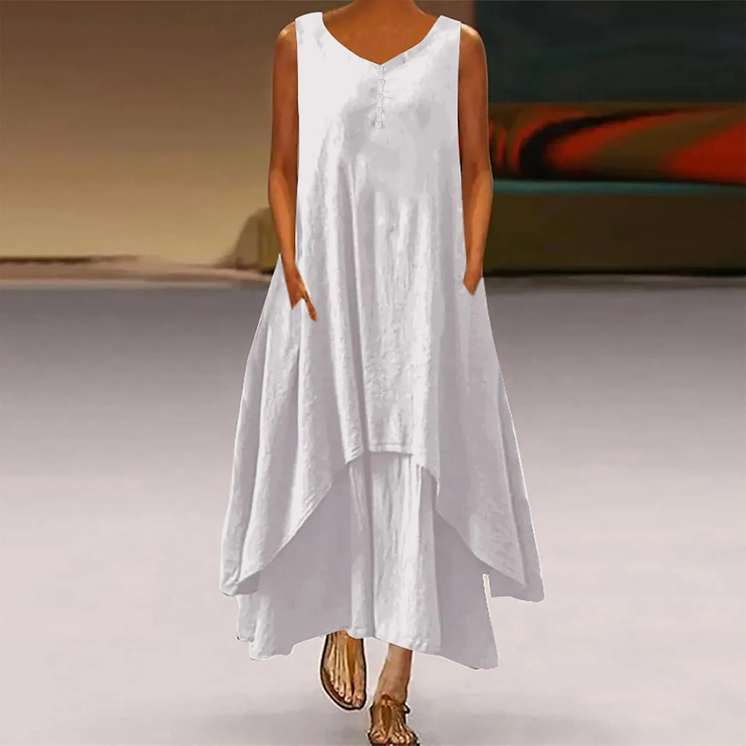 Ceboyel Women Irregular Hem Maxi Dress Cotton Linen Long Summer Dress Solid Color Boho Flowy Dress Beach Clothing 2023