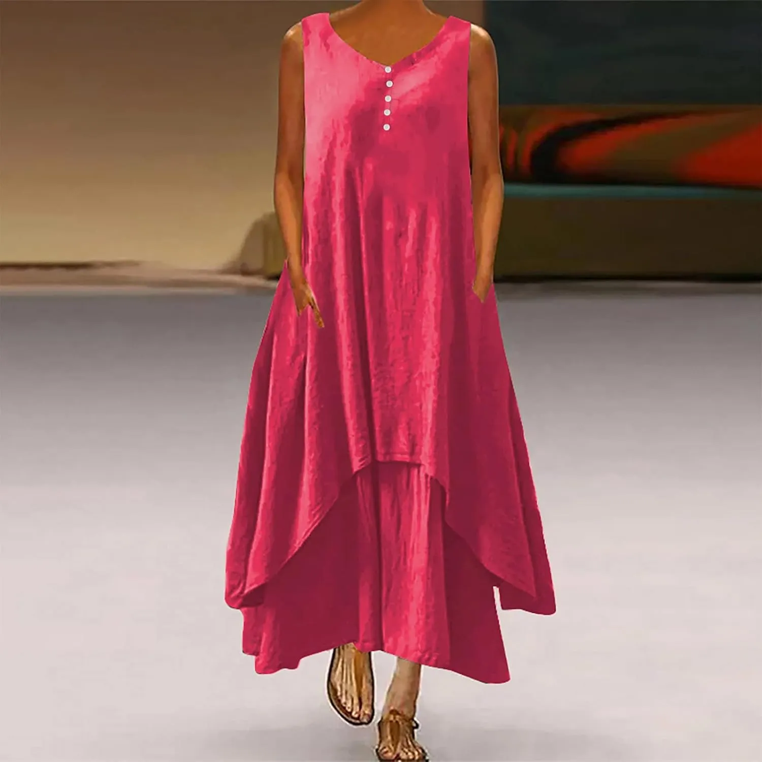 Ceboyel Women Irregular Hem Maxi Dress Cotton Linen Long Summer Dress Solid Color Boho Flowy Dress Beach Clothing 2023