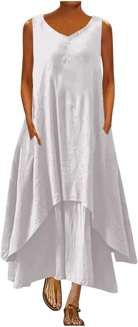 Ceboyel Women Irregular Hem Maxi Dress Cotton Linen Long Summer Dress Solid Color Boho Flowy Dress Beach Clothing 2023