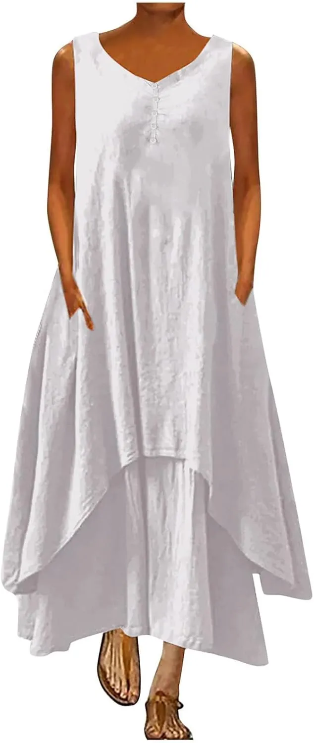 Ceboyel Women Irregular Hem Maxi Dress Cotton Linen Long Summer Dress Solid Color Boho Flowy Dress Beach Clothing 2023