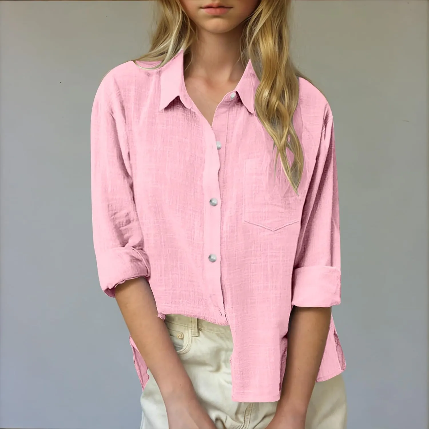 Cotton Linen Shirts for Girls Summer Spring Holiday Tops Casual Loose Fit Breathable Button Down Roll Up Sleeve Shirt
