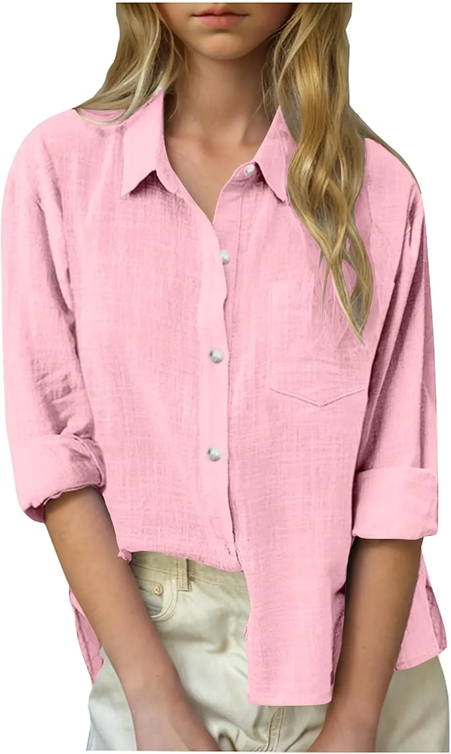Cotton Linen Shirts for Girls Summer Spring Holiday Tops Casual Loose Fit Breathable Button Down Roll Up Sleeve Shirt