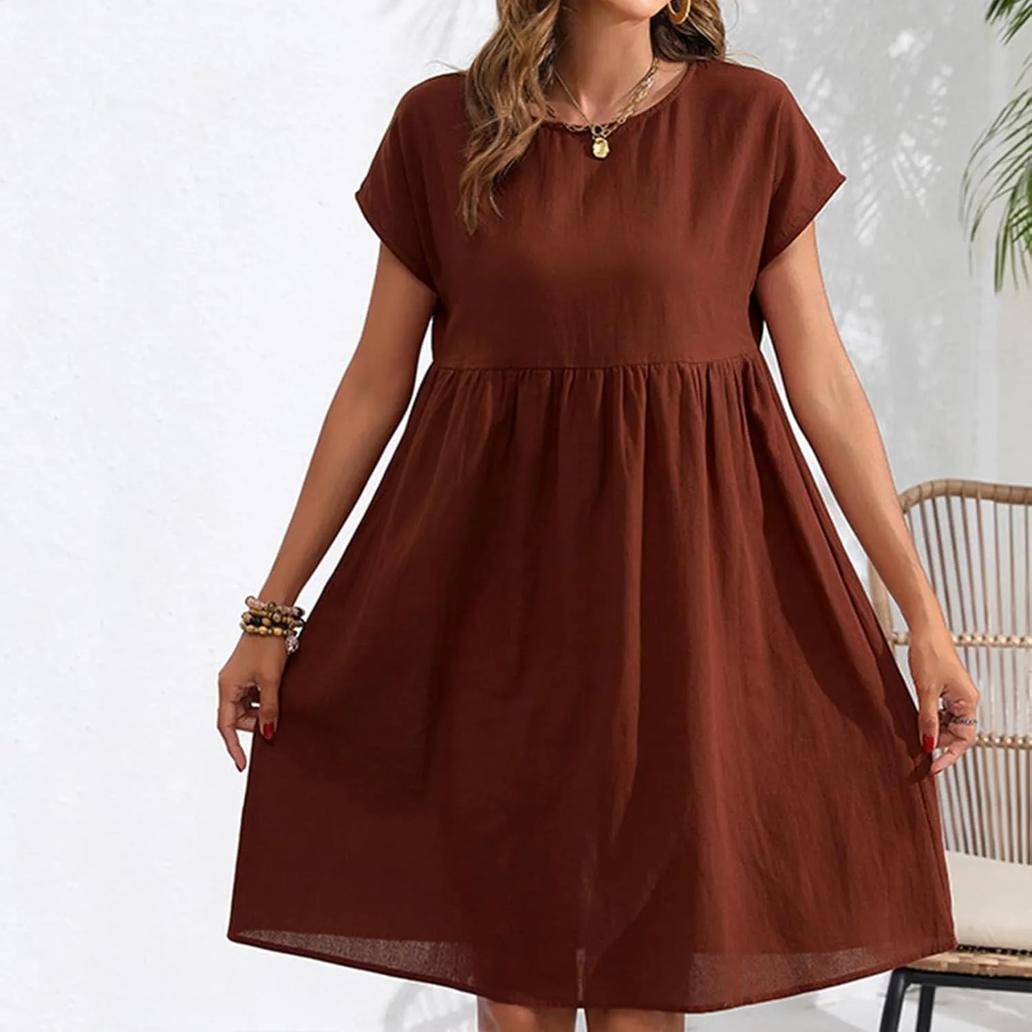 Cotton Linen Summer Midi Dresses for Women 2025 Vacation Casual Short Sleeve Crewneck Tshirt Dress A-Line Mini Dress