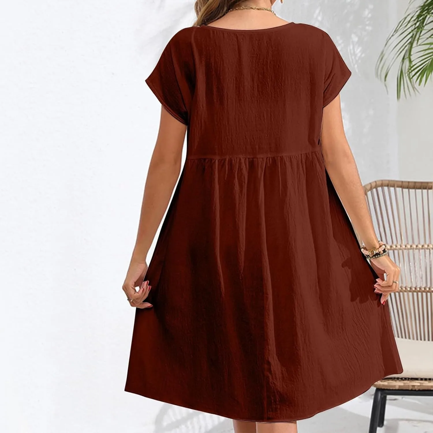 Cotton Linen Summer Midi Dresses for Women 2025 Vacation Casual Short Sleeve Crewneck Tshirt Dress A-Line Mini Dress