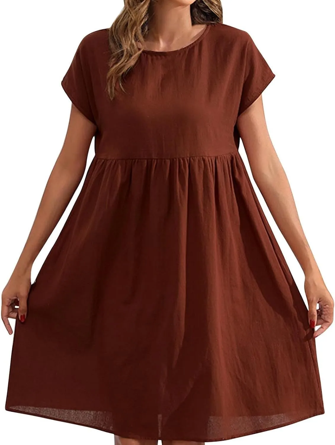 Cotton Linen Summer Midi Dresses for Women 2025 Vacation Casual Short Sleeve Crewneck Tshirt Dress A-Line Mini Dress