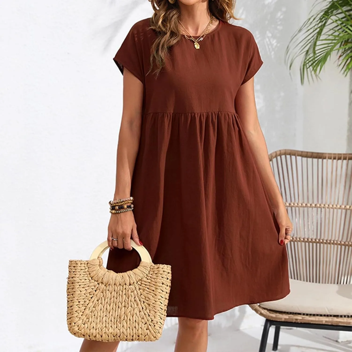 Cotton Linen Summer Midi Dresses for Women 2025 Vacation Casual Short Sleeve Crewneck Tshirt Dress A-Line Mini Dress
