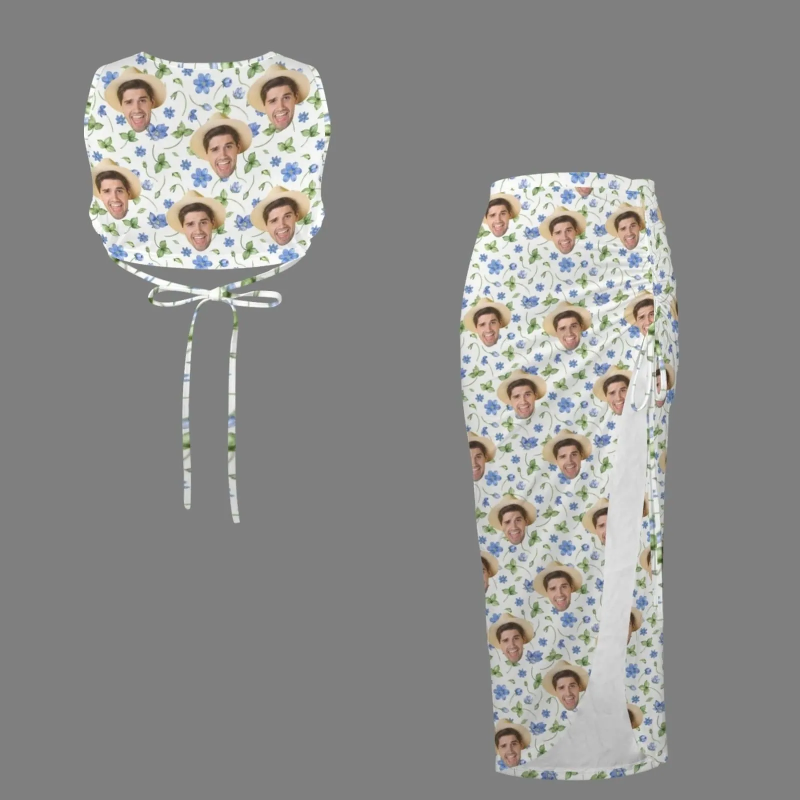 Custom Face Blue Flowers Beach Outfits Dress Personalized Women's Sleeveless Backless Crop Top & Side Slit Drawstring Skirt Set