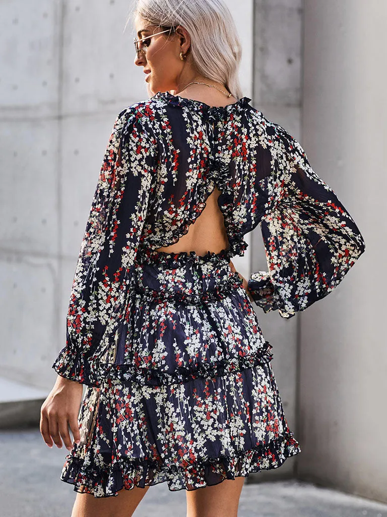 Deep V Neck Long Sleeves Backless Floral Printed Mini Boho Dress