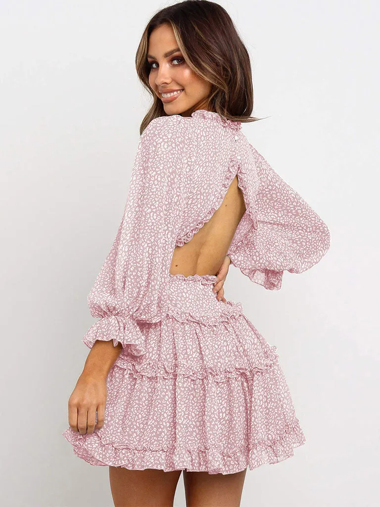 Deep V Neck Long Sleeves Backless Floral Printed Mini Boho Dress