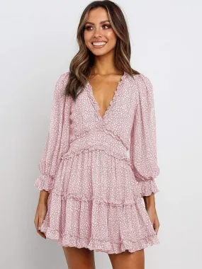 Deep V Neck Long Sleeves Backless Floral Printed Mini Boho Dress