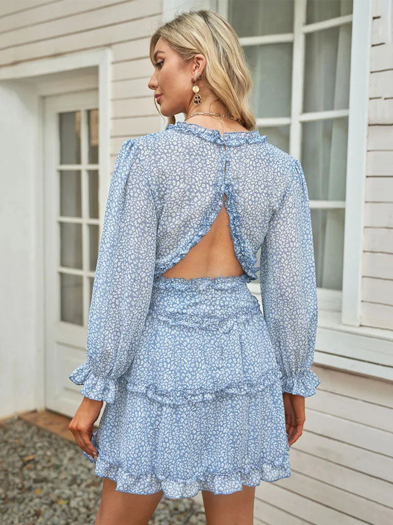 Deep V Neck Long Sleeves Backless Floral Printed Mini Boho Dress