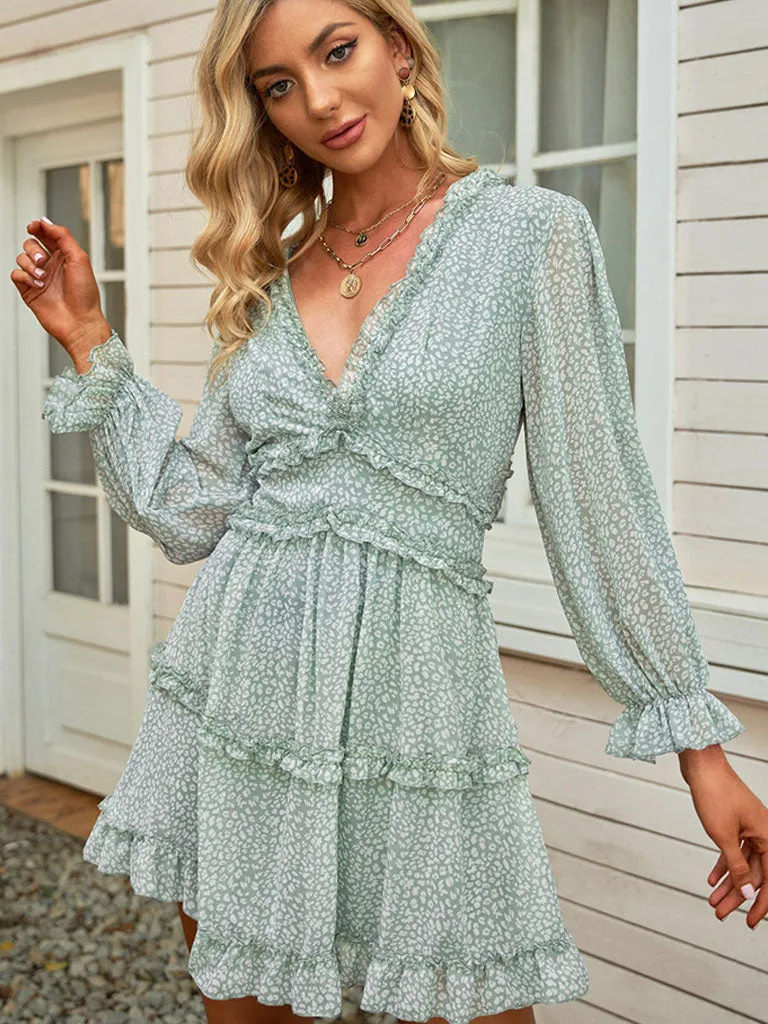 Deep V Neck Long Sleeves Backless Floral Printed Mini Boho Dress