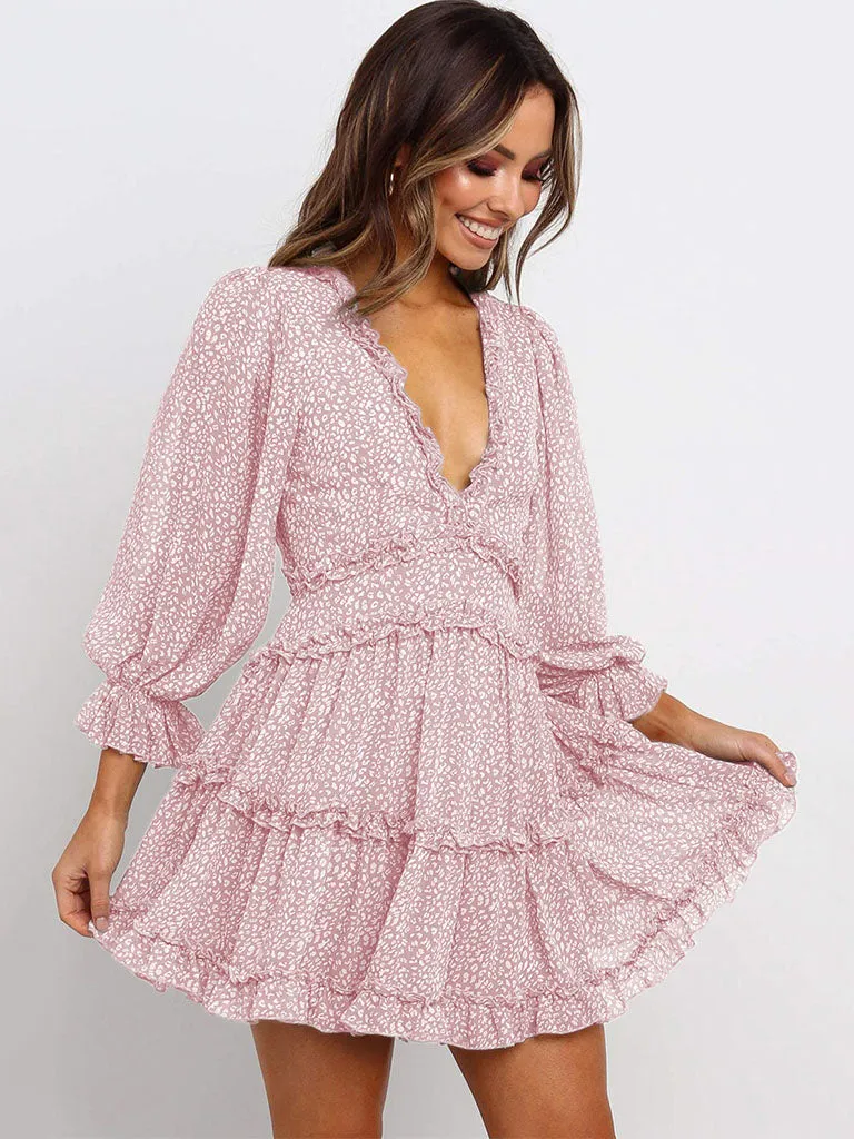 Deep V Neck Long Sleeves Backless Floral Printed Mini Boho Dress