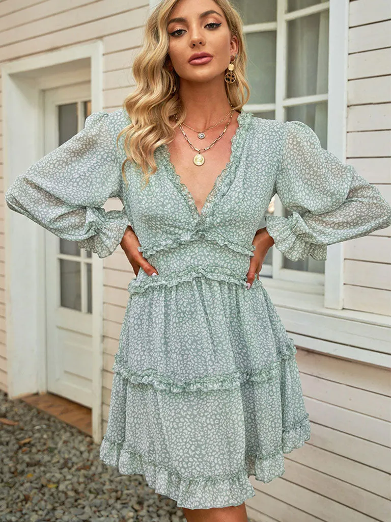 Deep V Neck Long Sleeves Backless Floral Printed Mini Boho Dress