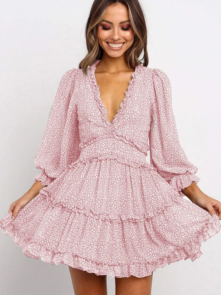 Deep V Neck Long Sleeves Backless Floral Printed Mini Boho Dress