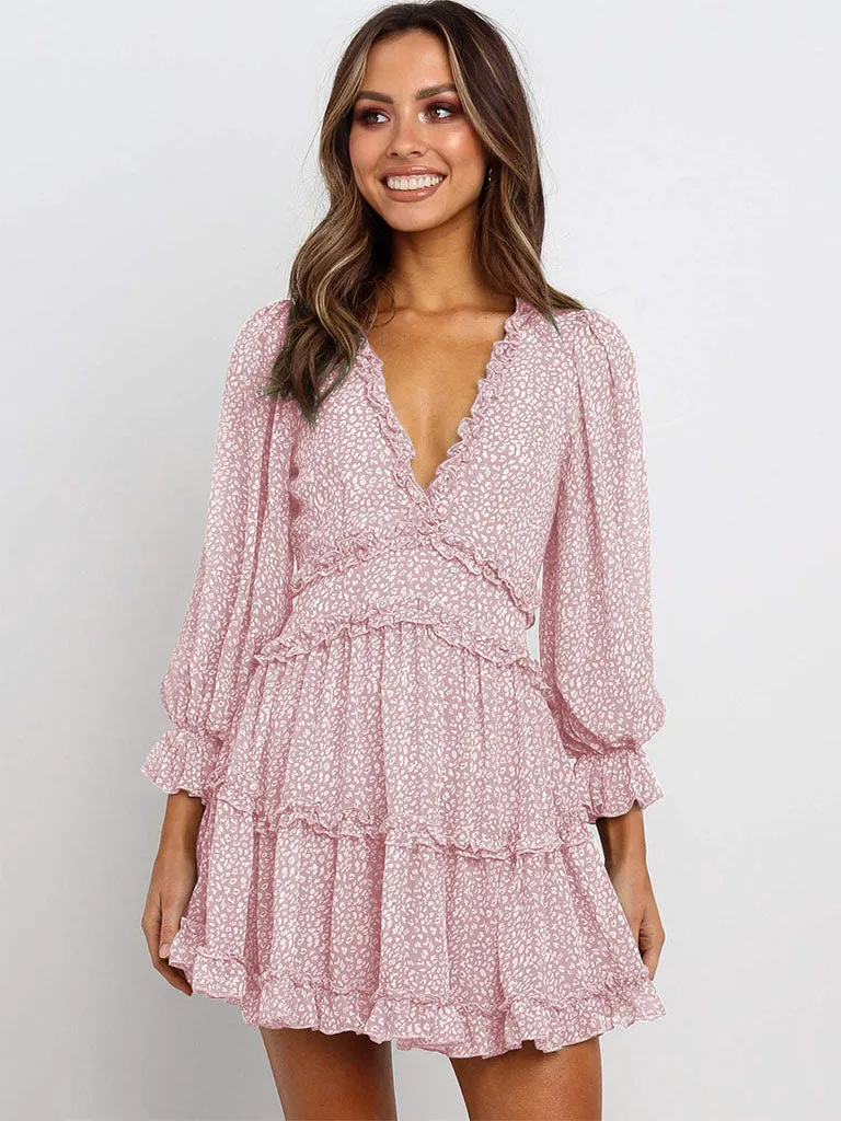 Deep V Neck Long Sleeves Backless Floral Printed Mini Boho Dress