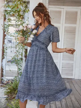 Deep V Neck Short Sleeves High Waist Ruffles Midi Boho Dress