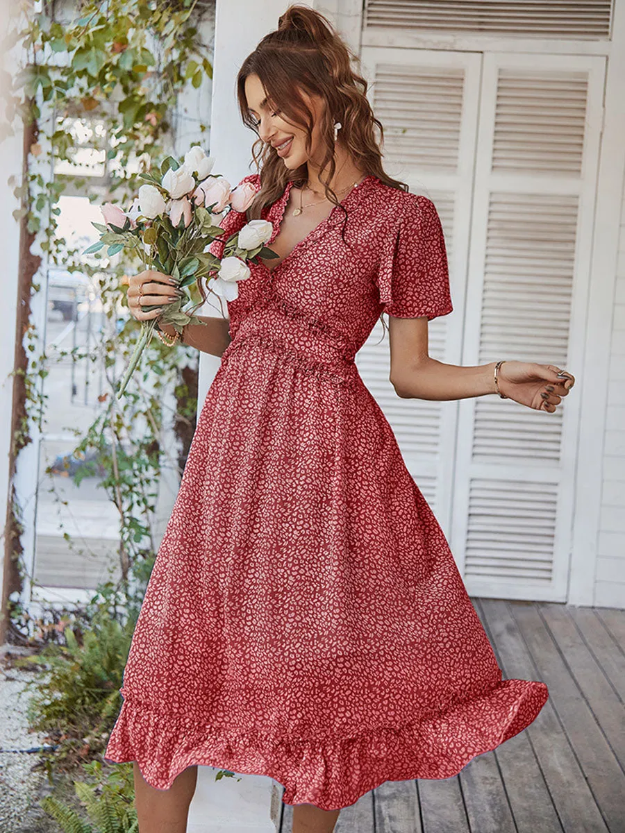 Deep V Neck Short Sleeves High Waist Ruffles Midi Boho Dress