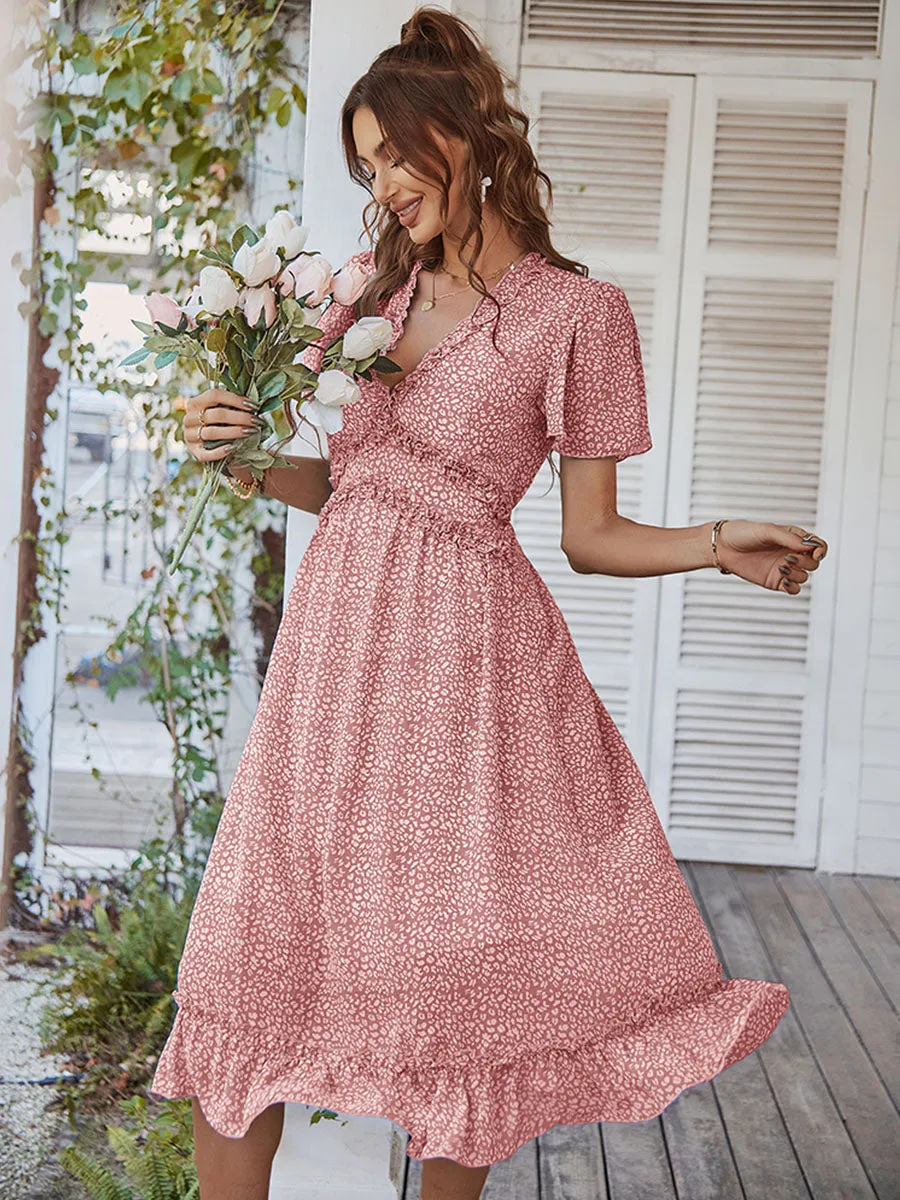 Deep V Neck Short Sleeves High Waist Ruffles Midi Boho Dress
