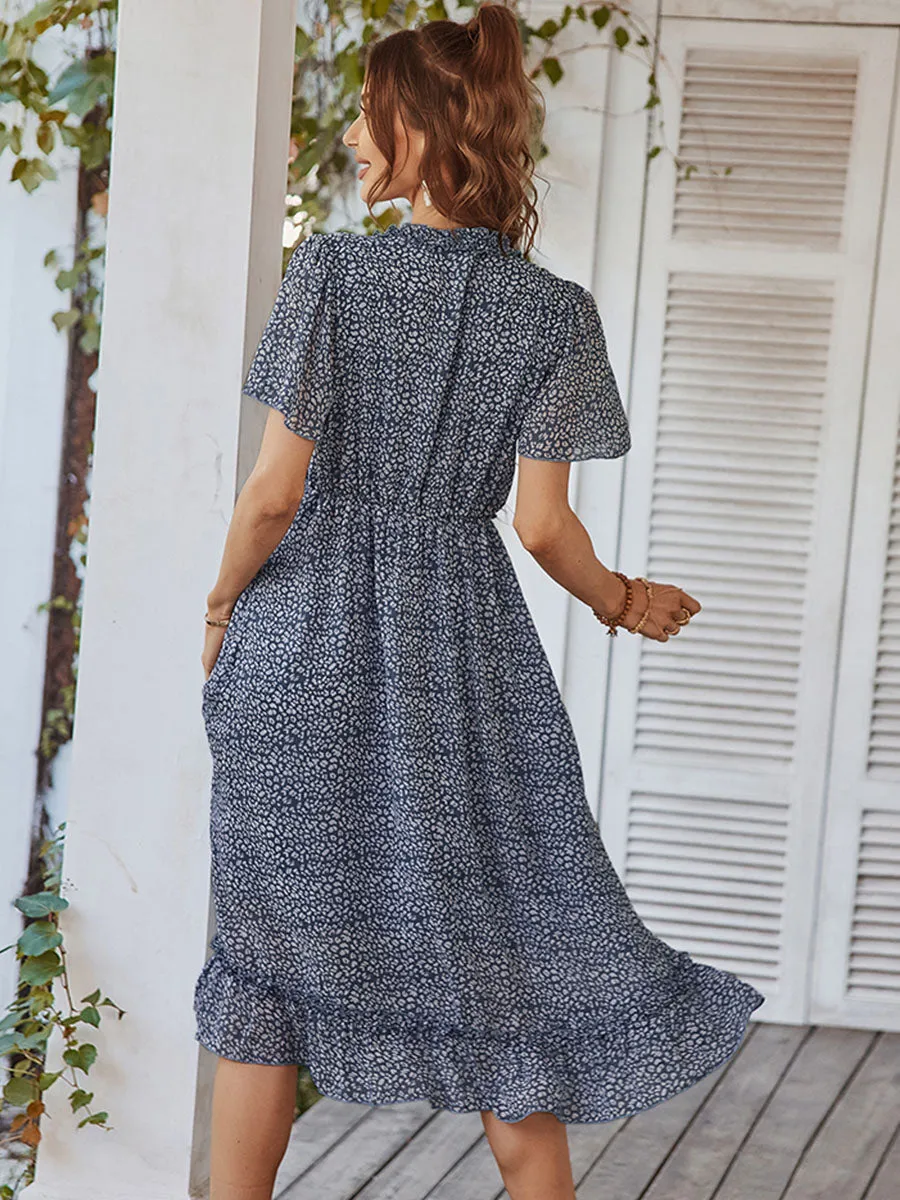 Deep V Neck Short Sleeves High Waist Ruffles Midi Boho Dress