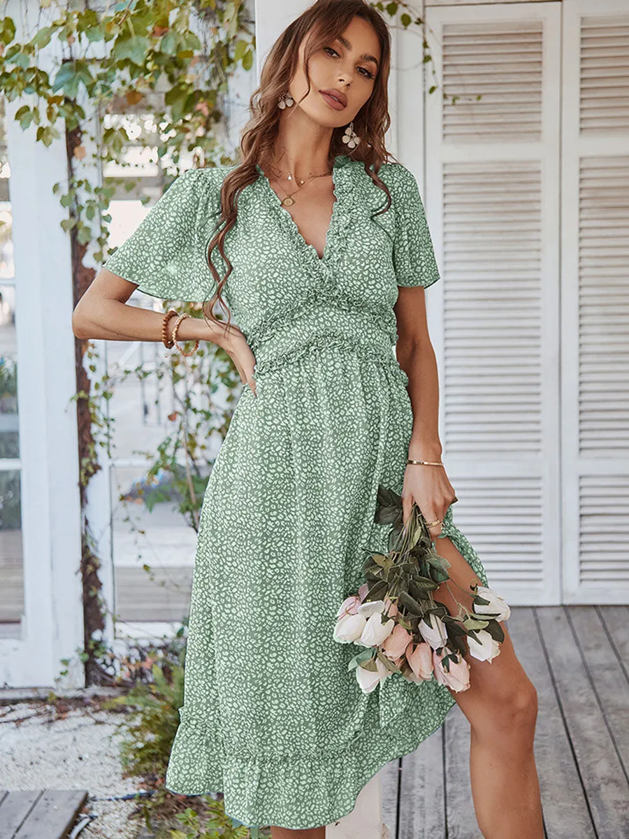 Deep V Neck Short Sleeves High Waist Ruffles Midi Boho Dress
