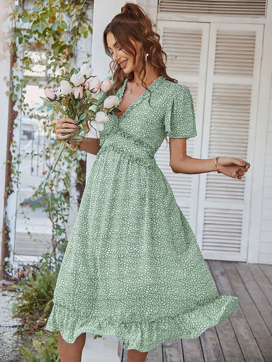 Deep V Neck Short Sleeves High Waist Ruffles Midi Boho Dress