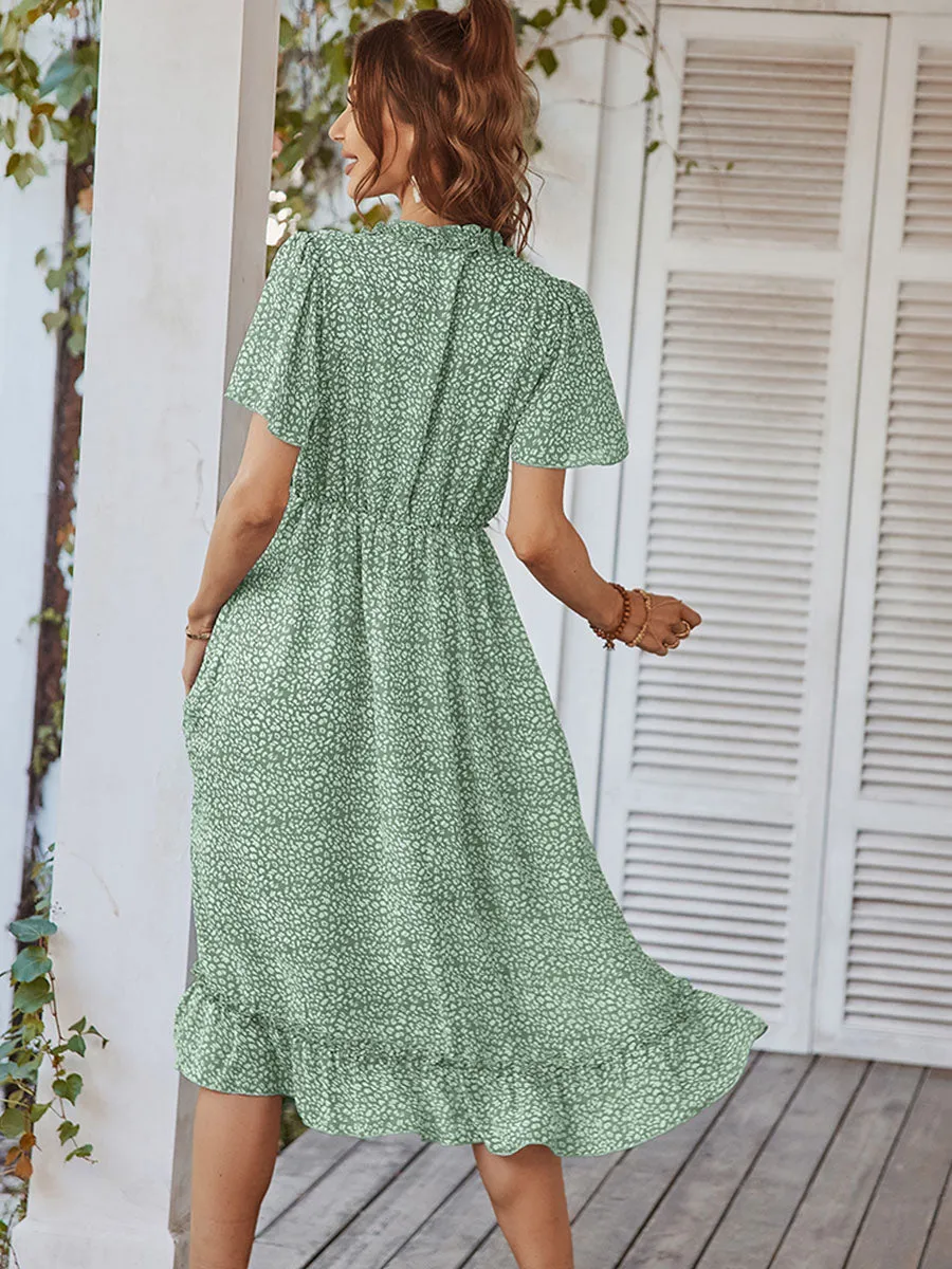Deep V Neck Short Sleeves High Waist Ruffles Midi Boho Dress