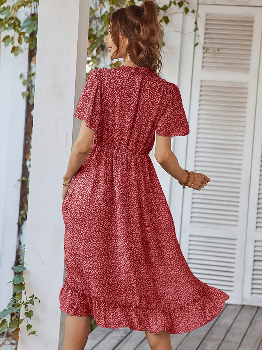 Deep V Neck Short Sleeves High Waist Ruffles Midi Boho Dress