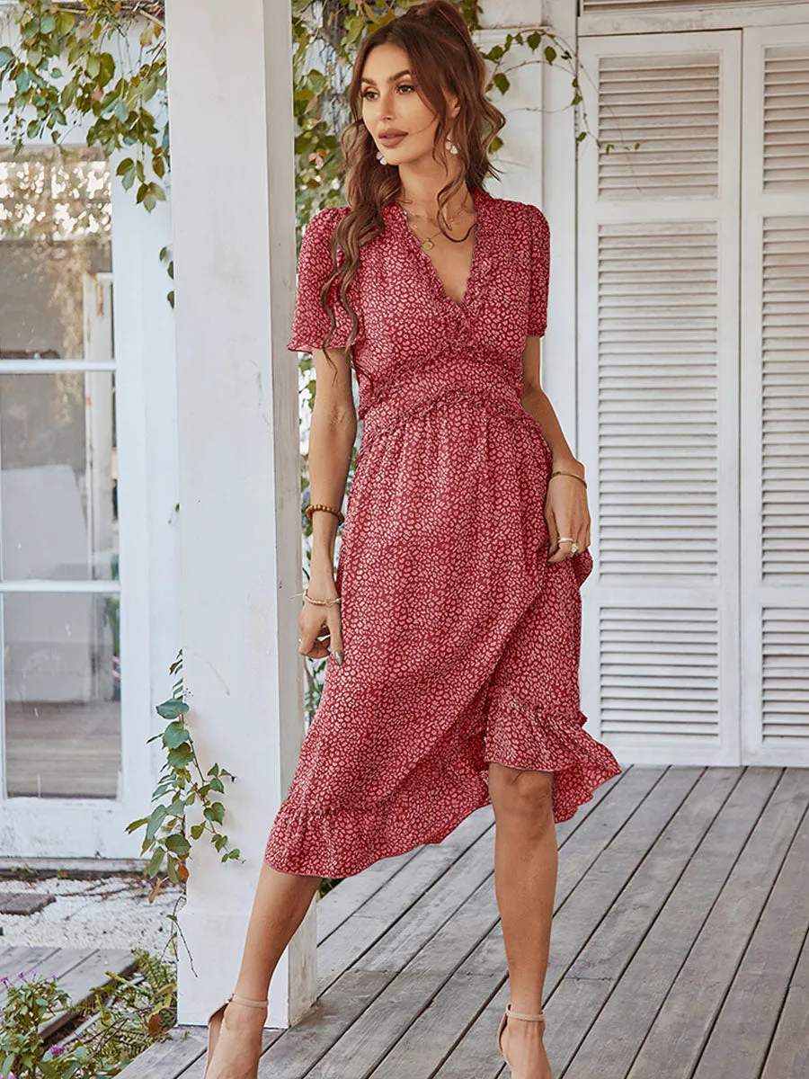 Deep V Neck Short Sleeves High Waist Ruffles Midi Boho Dress
