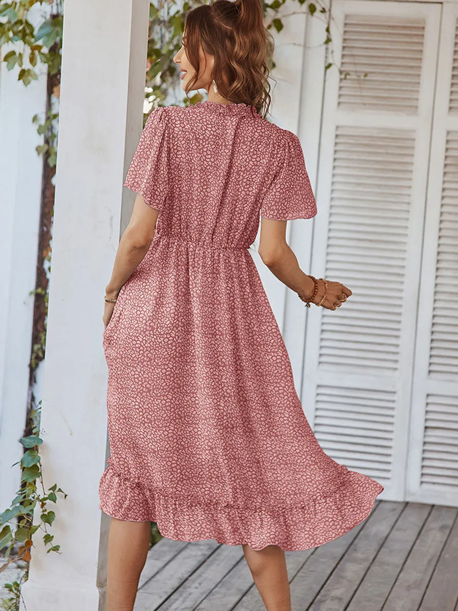 Deep V Neck Short Sleeves High Waist Ruffles Midi Boho Dress