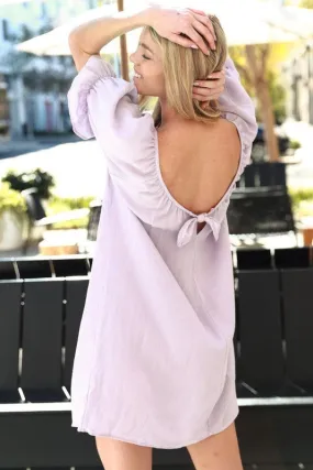 DRESS- LILAC OPEN BACK SHIRRED MINI DRESS