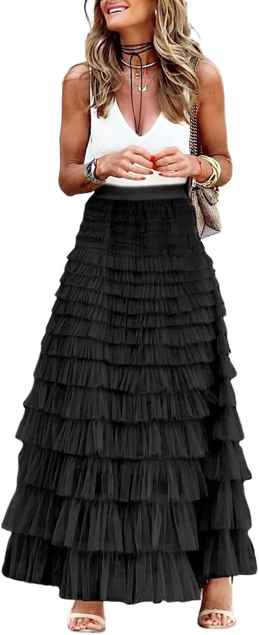ebossy Women's Ruffled Tiered Tutu Tulle Skirt Stretchy A-line Prom Party Long Skirt