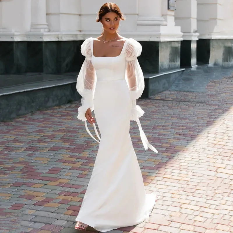 Elegant Satin Mermaid Wedding Dress Long Puff Sleeve Square Collar Bridal Gown
